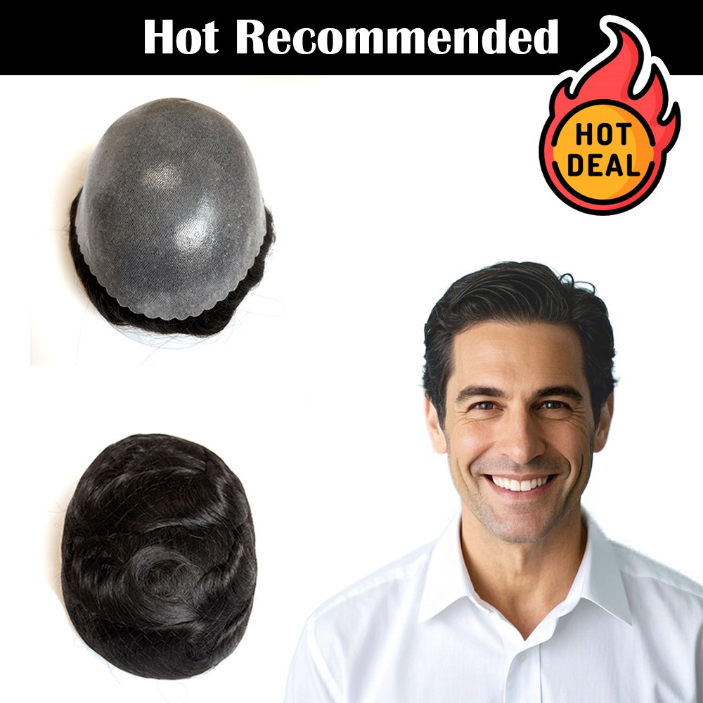 Men’s Human Hair Toupee Hairpiece Poly Gauze Hair System Replacement Black Wigs
