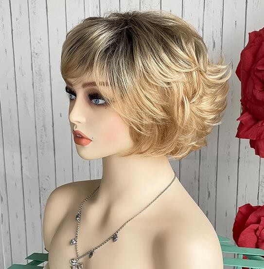 Short Fluffy Layered Wavy Synthetic Hair Blonde Mix Capless Wigs 8 Inches