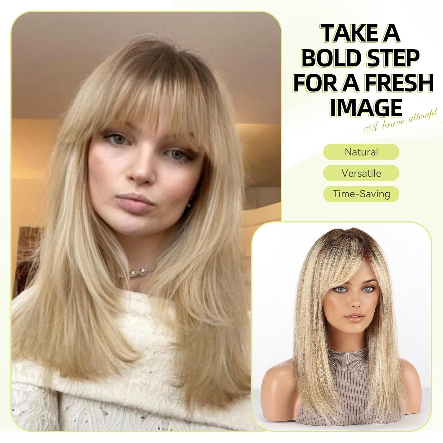 Ombre Blonde Straight Real Remy Human Hair Wigs with Bangs for Women None Lace