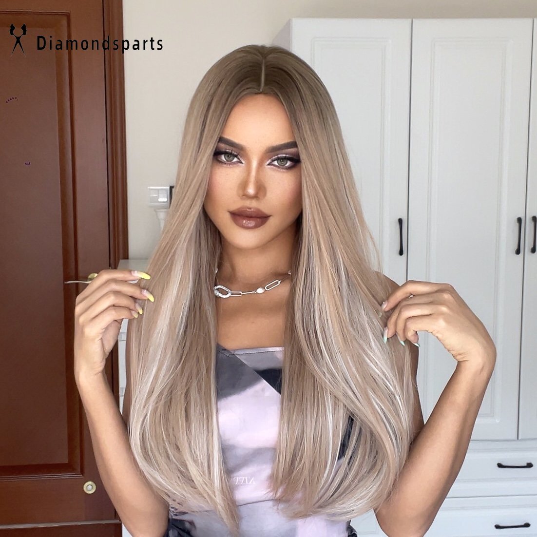 US Honey Brown Mixed Blonde Synthetic Wigs Long Straight 26 Inch Wigs Daily Use