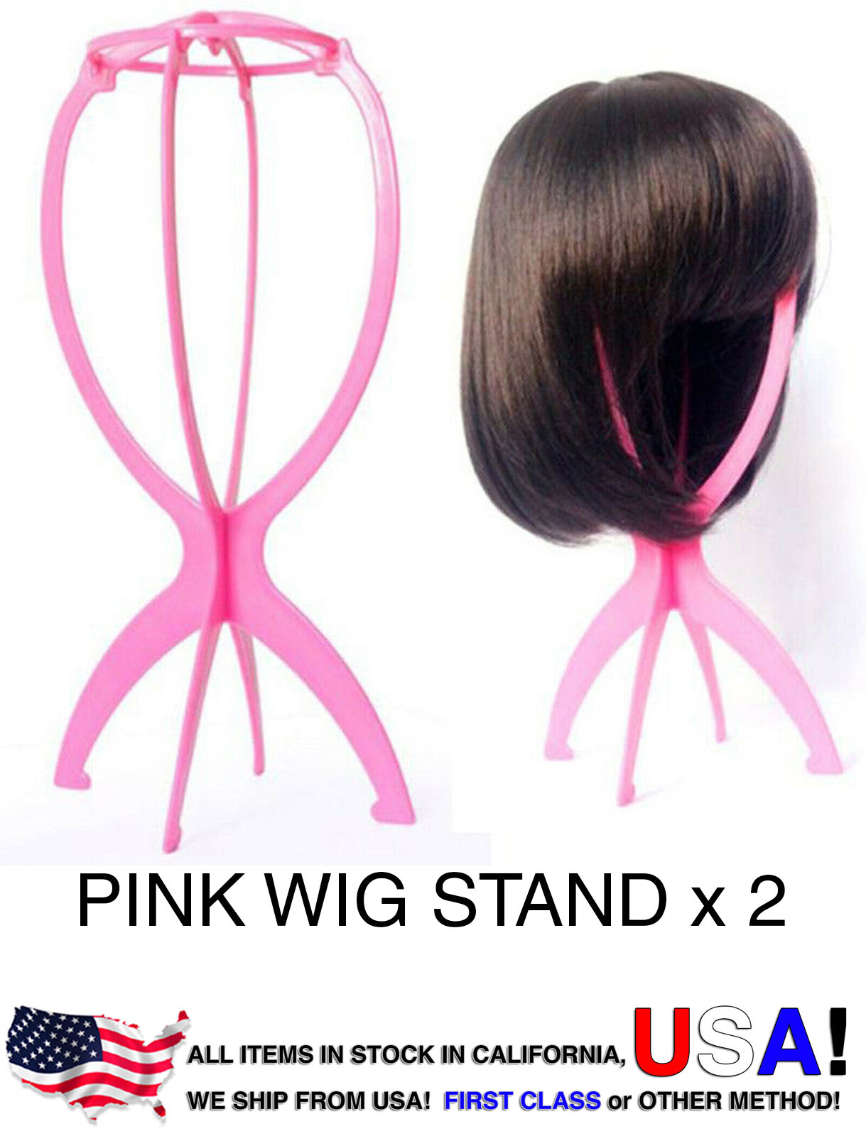 2 of Pink Plastic Light Wig Hair Holders Stand Folding Hat Cap Durable Display