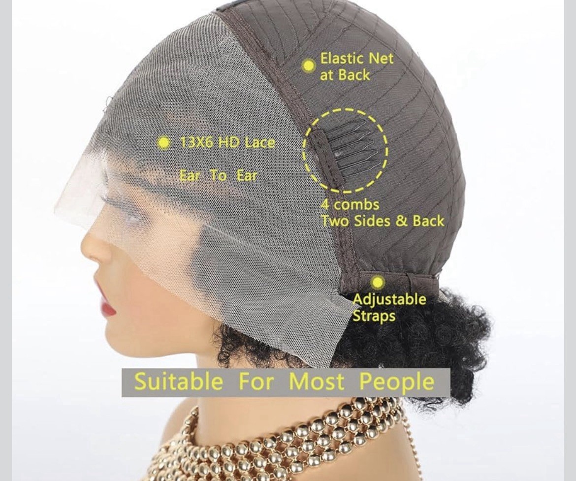 Lace Front Synthetic Afro Curly Wig• Short• Black• Combs & Adjustable Straps•