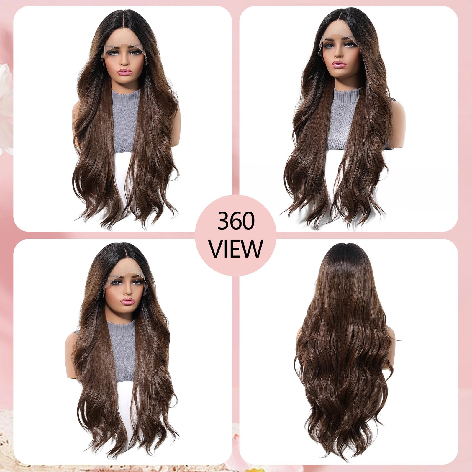 28″ Ombre Brown Lace Front Wig – Glueless HD Lace 13×6, Pre-Plucked Wavy Synt…