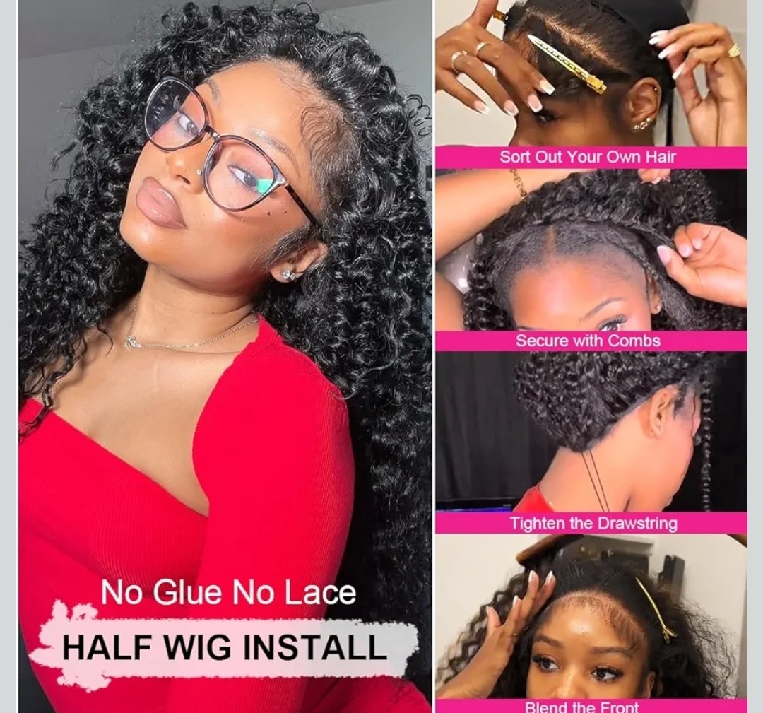 Human hair Water Wave Curly Half Wig 20in Adjustable Drawstring no glue Black