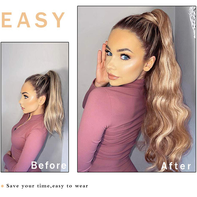 Extra Thick Drawstring Ponytail Clip In Hair Extensions As Human HAIR Brown Wavy