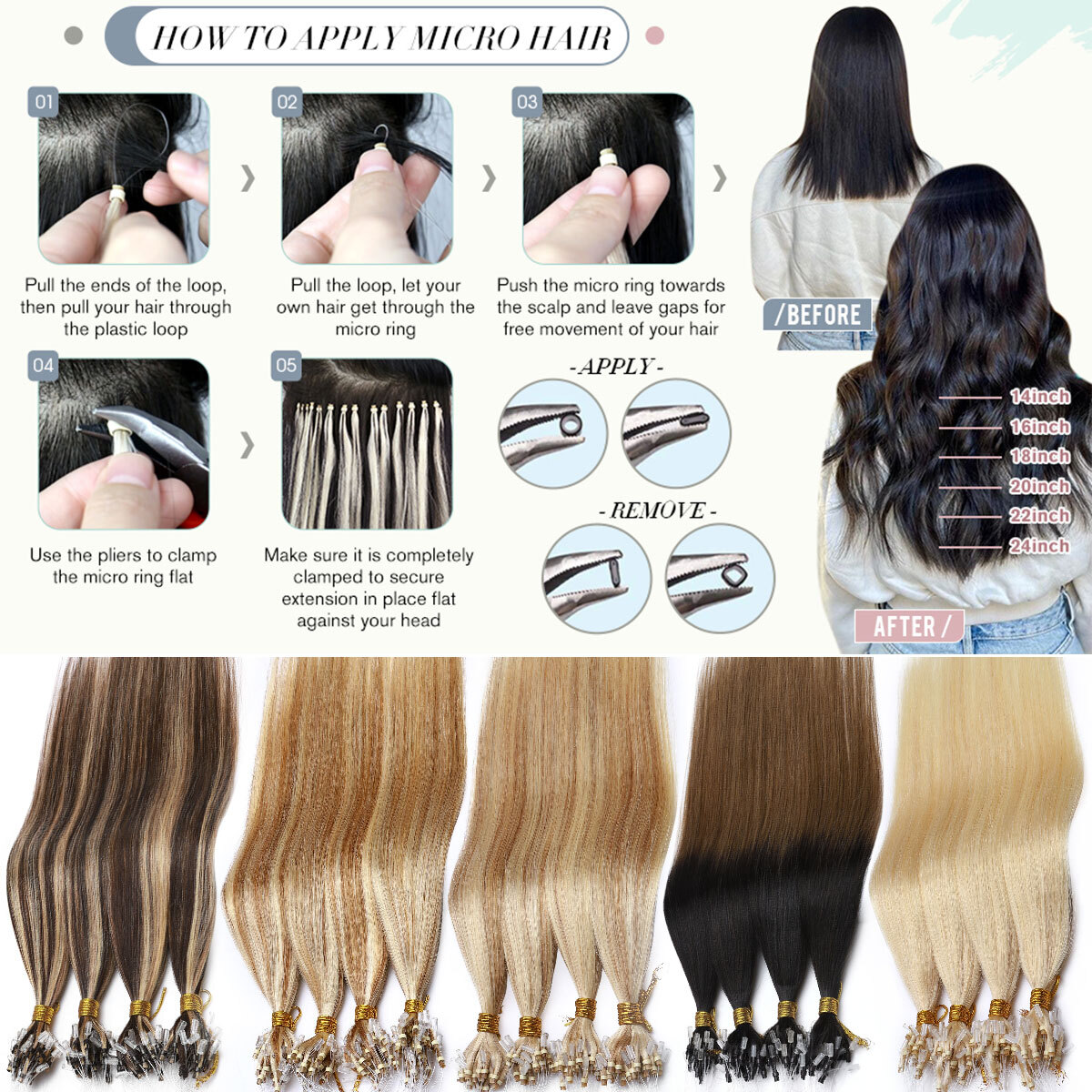 Micro Ring Loop Beads Tip Remy Human Hair Extensions Thick Full Head Black Brown