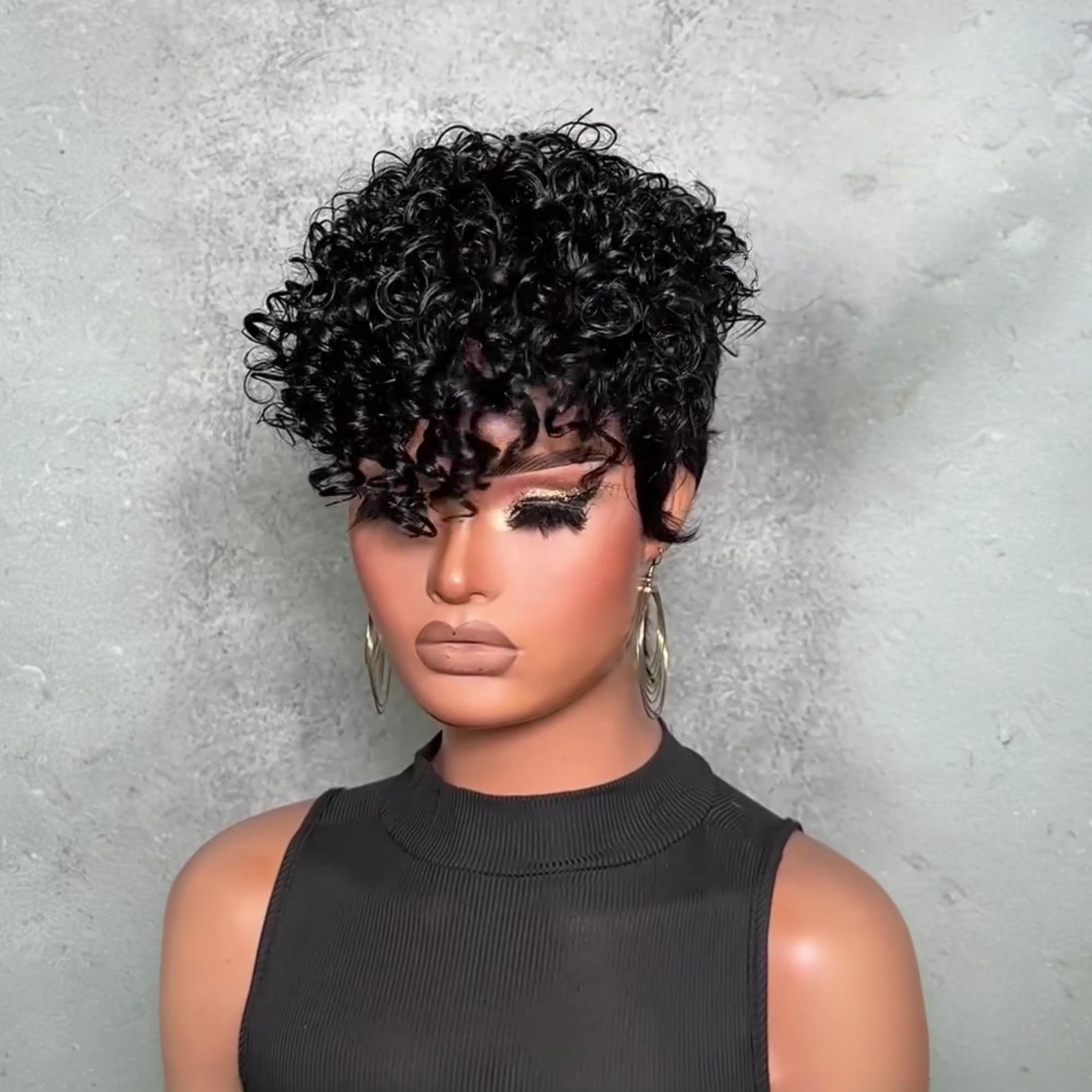 Short Layered Pixie Cut Human Hair Wig for Women – Curly Bangs, Glueless, Natura