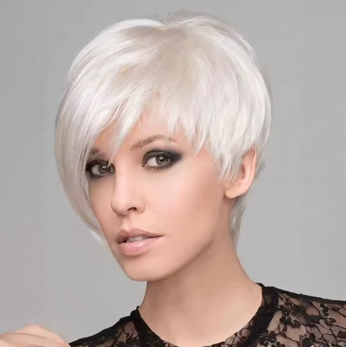 Women Short White Blonde Wig Asymmetrical Bangs Daily Wear Wig