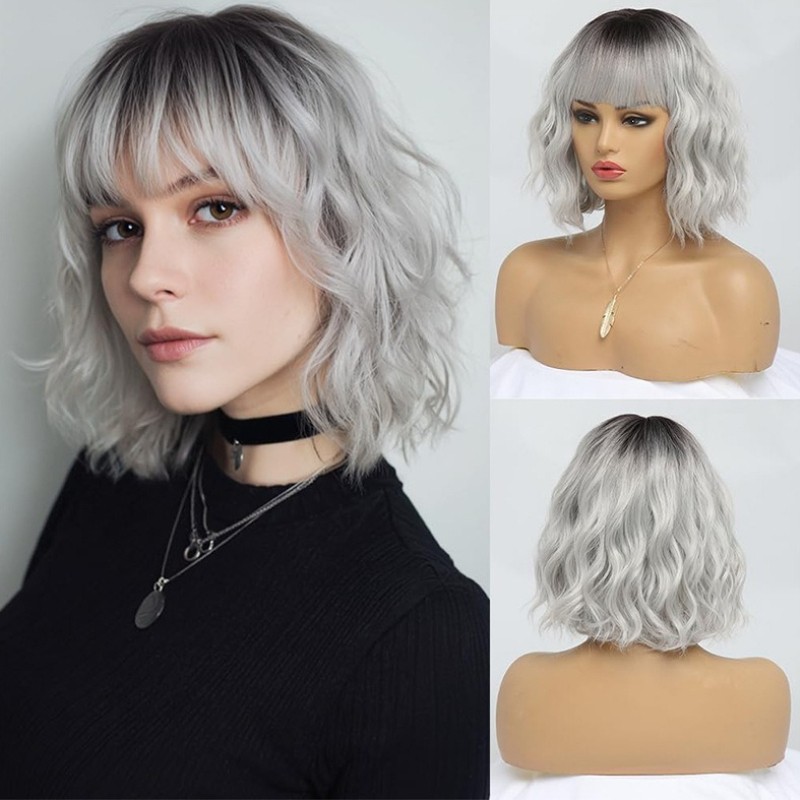 Short Wavy Curly Bob Wig with Bangs Heat Resistant Syntheticn for Women Cosplay