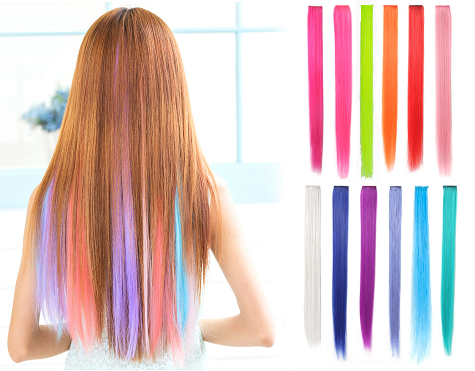 Onedor 23″ Straight Synthetic Colored Party Highlight Clip in Hair Extensions