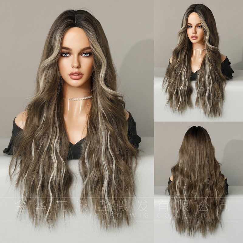 Middle Part Long Wavy Wig with Brown Highlights High Temperature Fiber