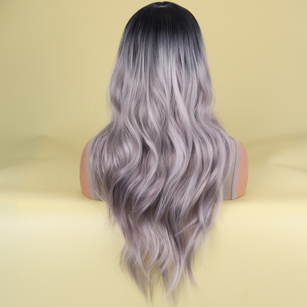 Women Wavy Hair Wigs Full Head Wigs Black Grey Gradient Curly Hair Wave Wigs