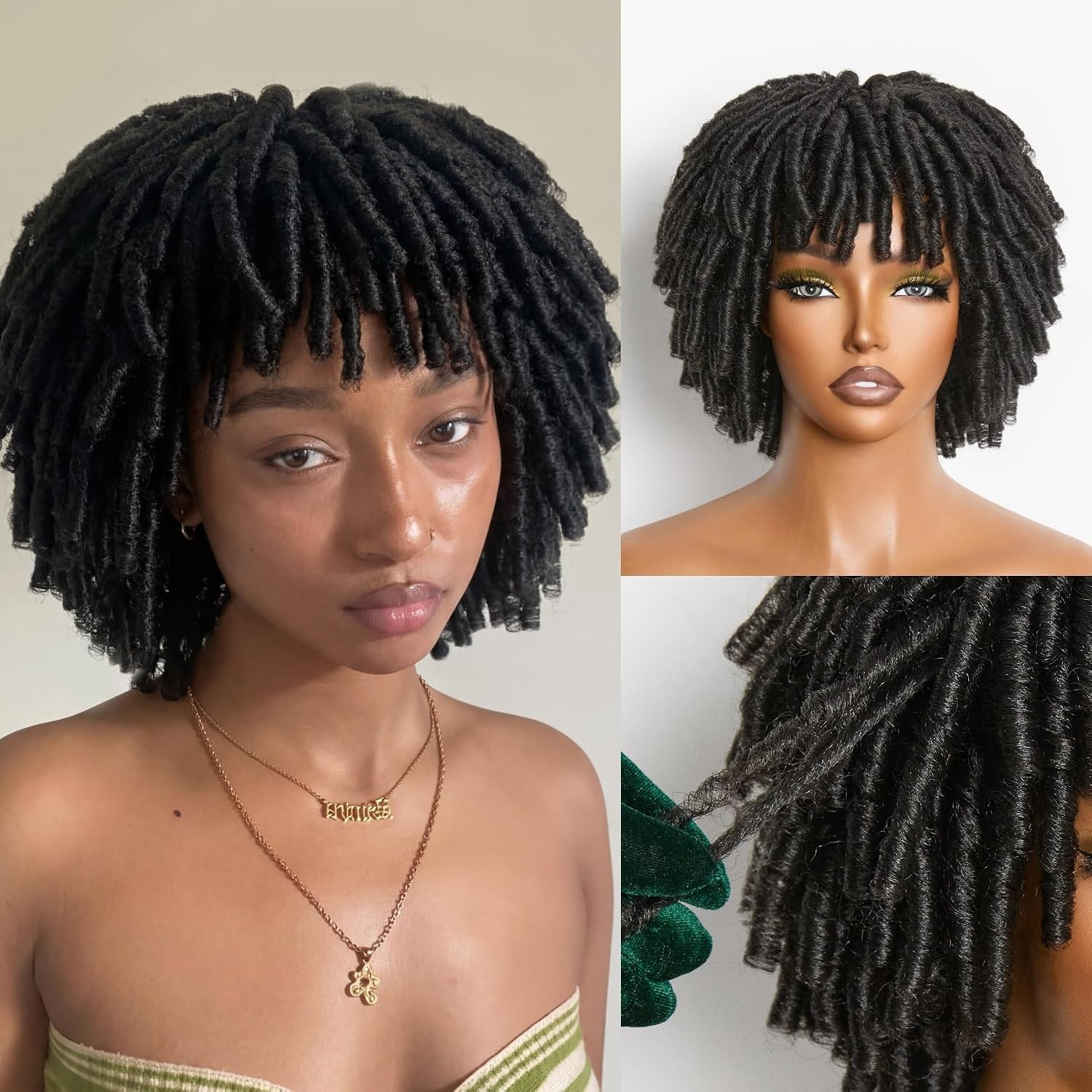 Short Twist Braided Dreadlock Wig Veralux Fiber Glueless 10in Natural Black
