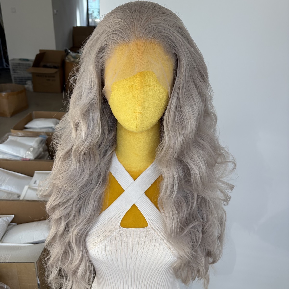 Silver gray Synthetic Hair Long Wavy Natural Frontal T Lace Wigs Soft