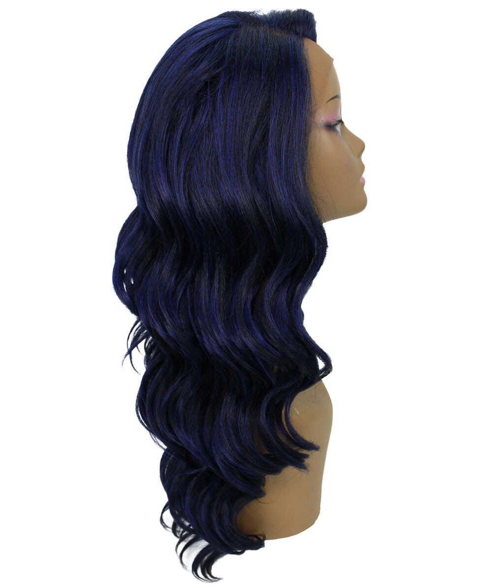 LUXLUXE Lucinda Wavy 23″ Long 4X4 Hand-Tied Lace Front Wig,Blue and Black Blend
