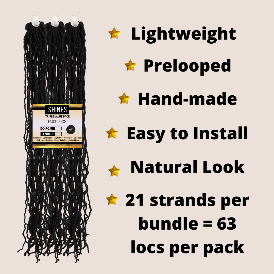 SHINES HAIR Faux Locs, 3pc Value Pack, 1B, 36in, Crochet, Prelooped, Itch Free