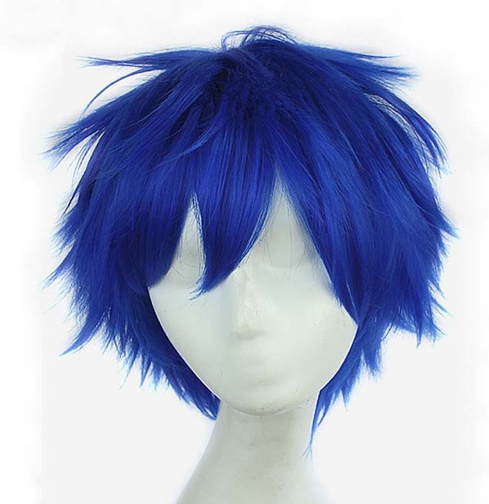 11.8 Inch Dark Blue Short Straight Anime Cosplay Wigs for Men Girls Halloween Pa