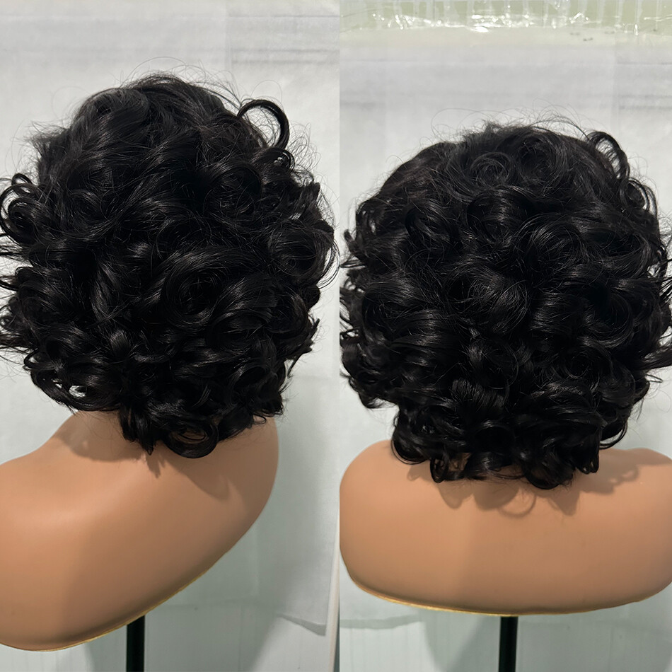 100% Human Hair Wigs 250 Density 10″ Short Bouncy Curly Wavy 4X4 Lace Front Wig