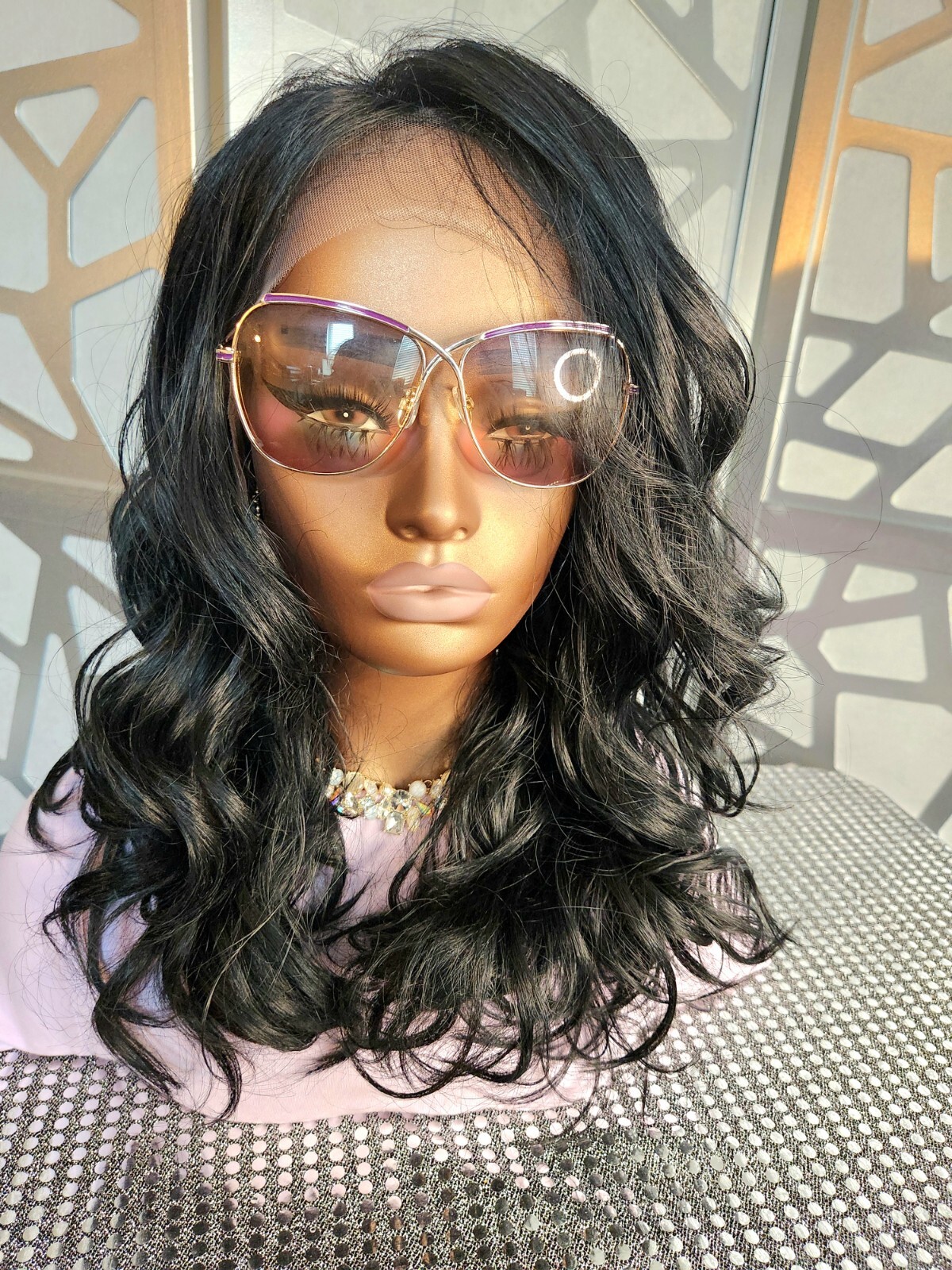 Curly Black Wig Human Blend Loose Wave Free Parting 13×4 Lace Front Wig Glueless