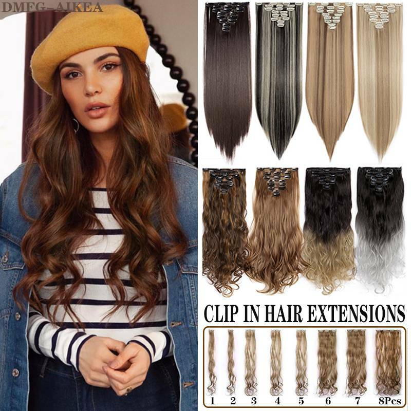 US 8Pieces Clip In Hair Extensions Full Head 100% Natural As Human Wavy/Straight