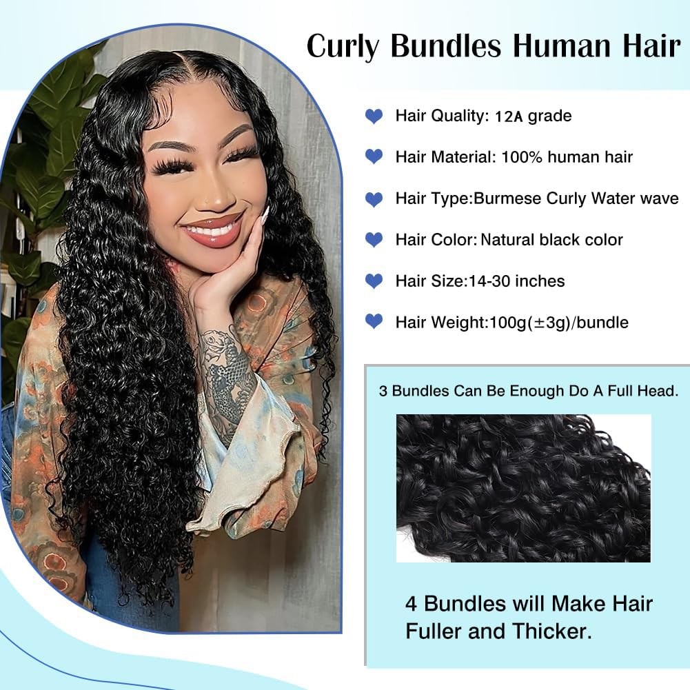 Younsolo Burmese Curly 4 Bundles Human Hair 16 18 20 22 Inch 12A Virgin Water