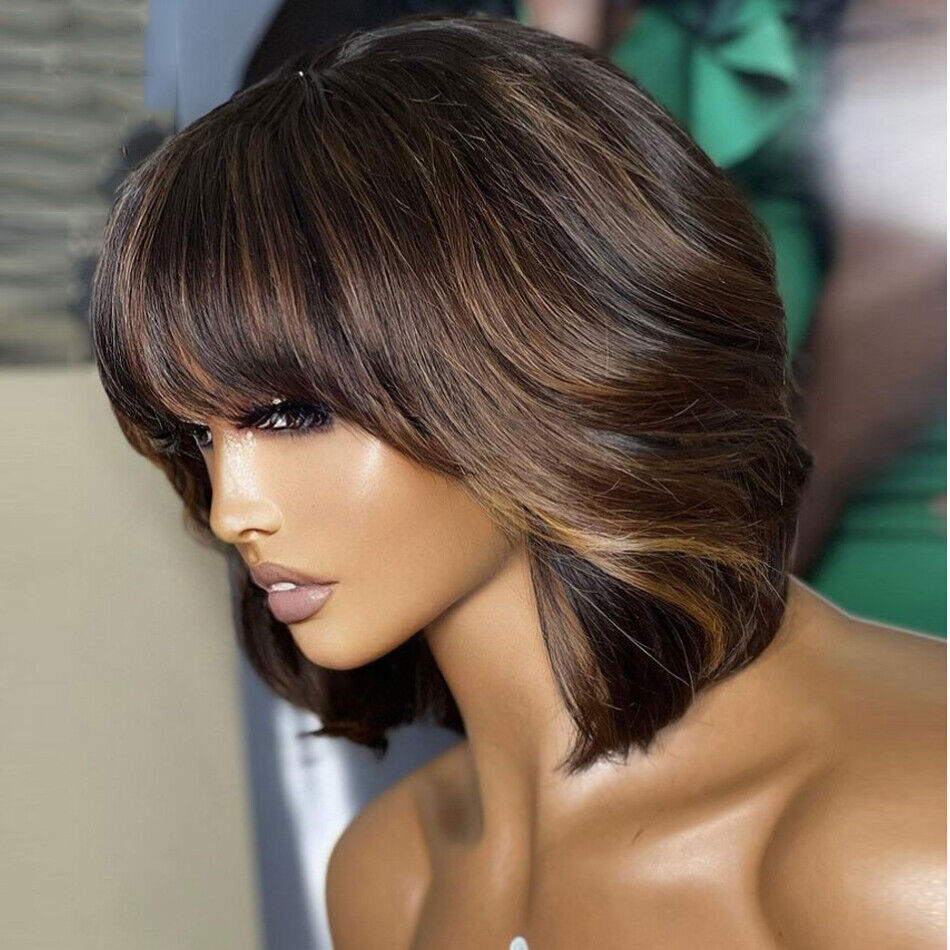 Women Highlight Short Bob Cut 100% Human Hair Wigs with Bangs Full Machine Made