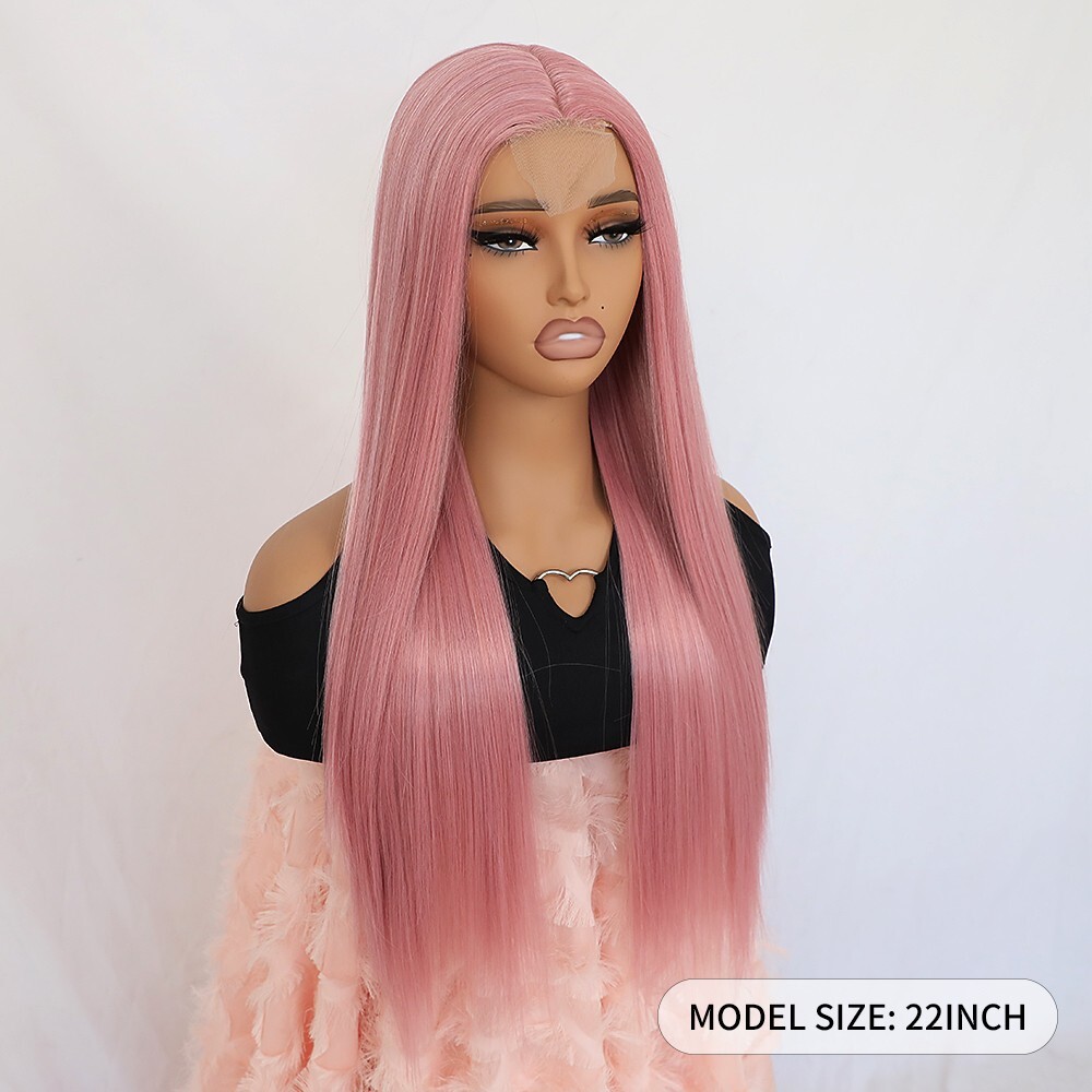Synthetic Lace Frontal Wigs Long Straight Pink Hair Heat Resistant Women Party