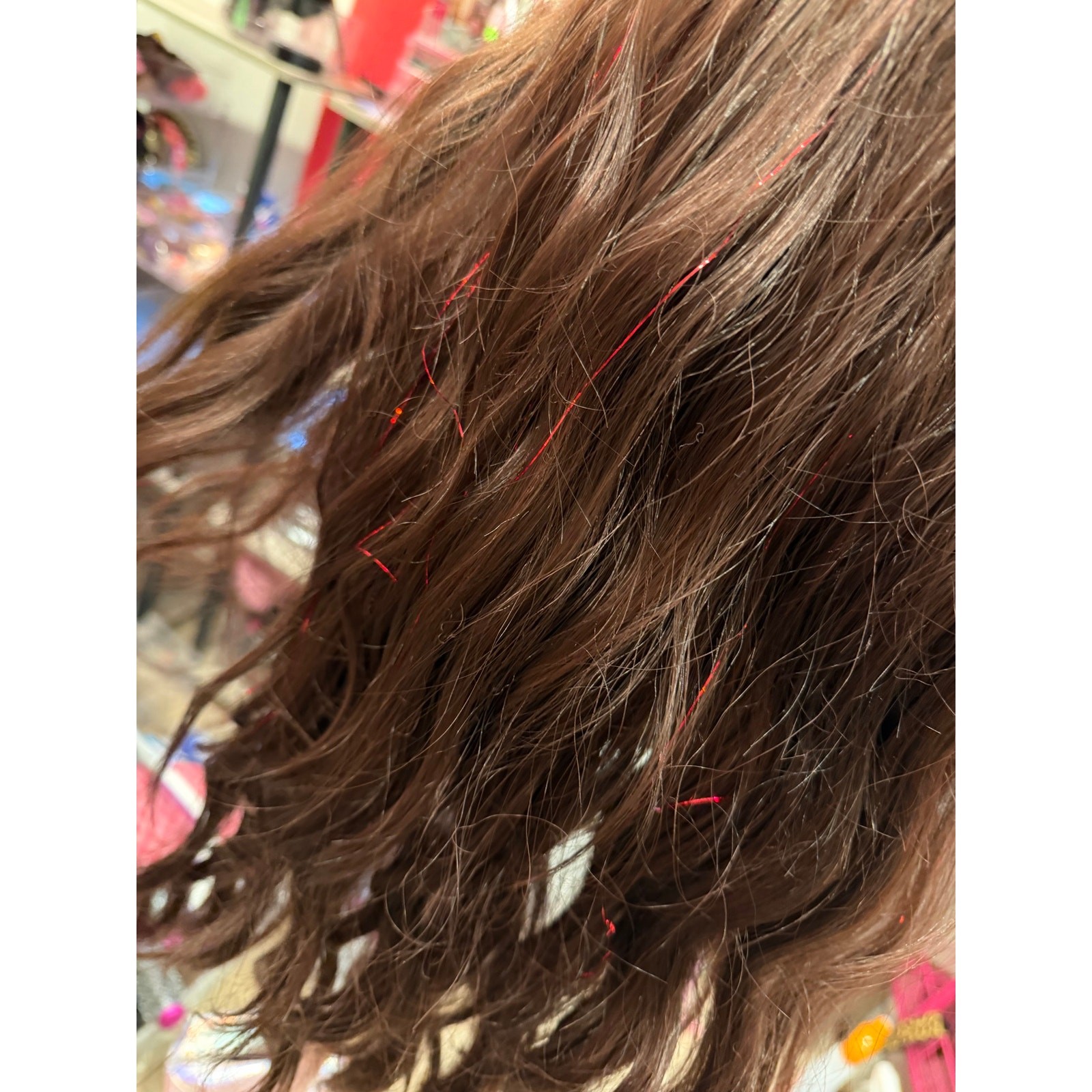 Medium Brown Wavy Wig with Red Tinsel Highlights – Heat Friendly Synthetic Wig