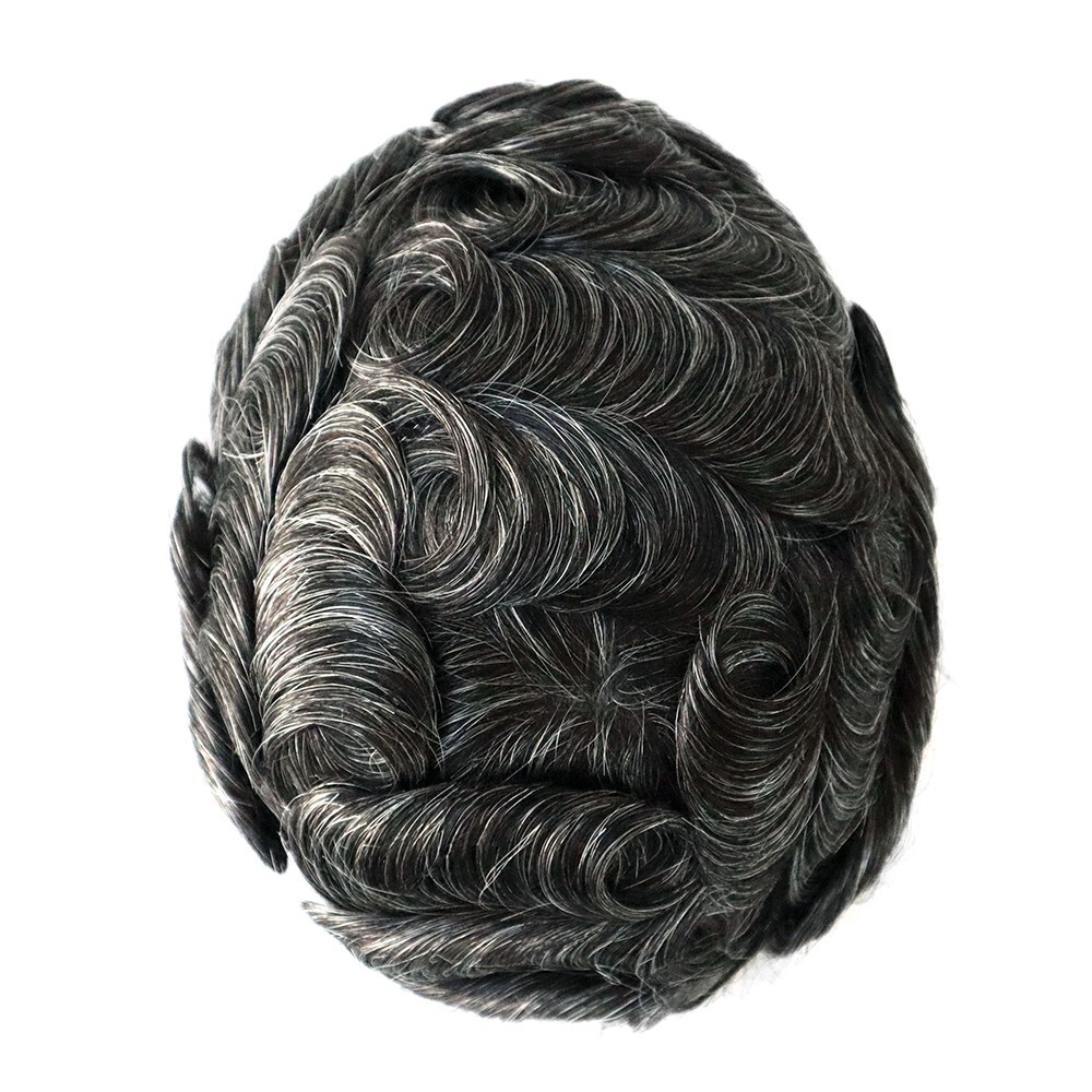 Toupee For Men Human Super Thin Skin V Looped Men Hairpiece Wig Black Grey #1B30