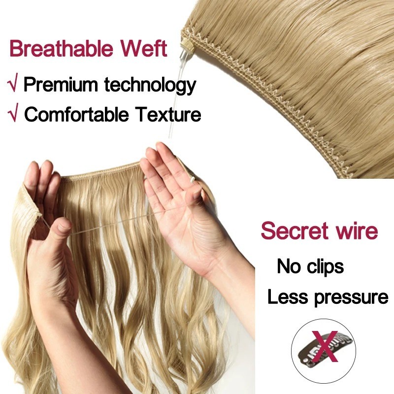 100% Real Natural as Human Invisible Wire in Hair Extensions One Piece & Ring US