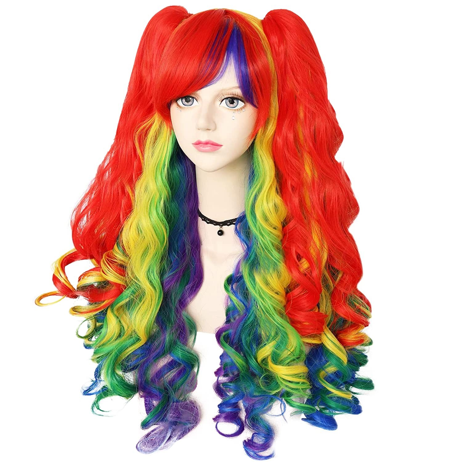 Hair Cap+ Rainbow Wig with 2 Curly Ponytails Cosplay Long Curly Rainbow Wigs …