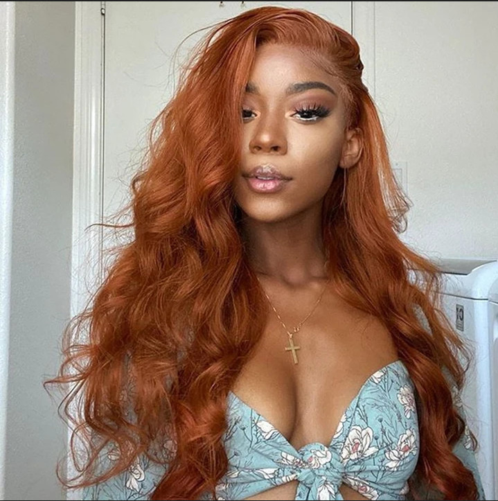 24″ Long Body Wavy Lace Front Orange Copper Red Glueless Hand Tied Synthetic Wig