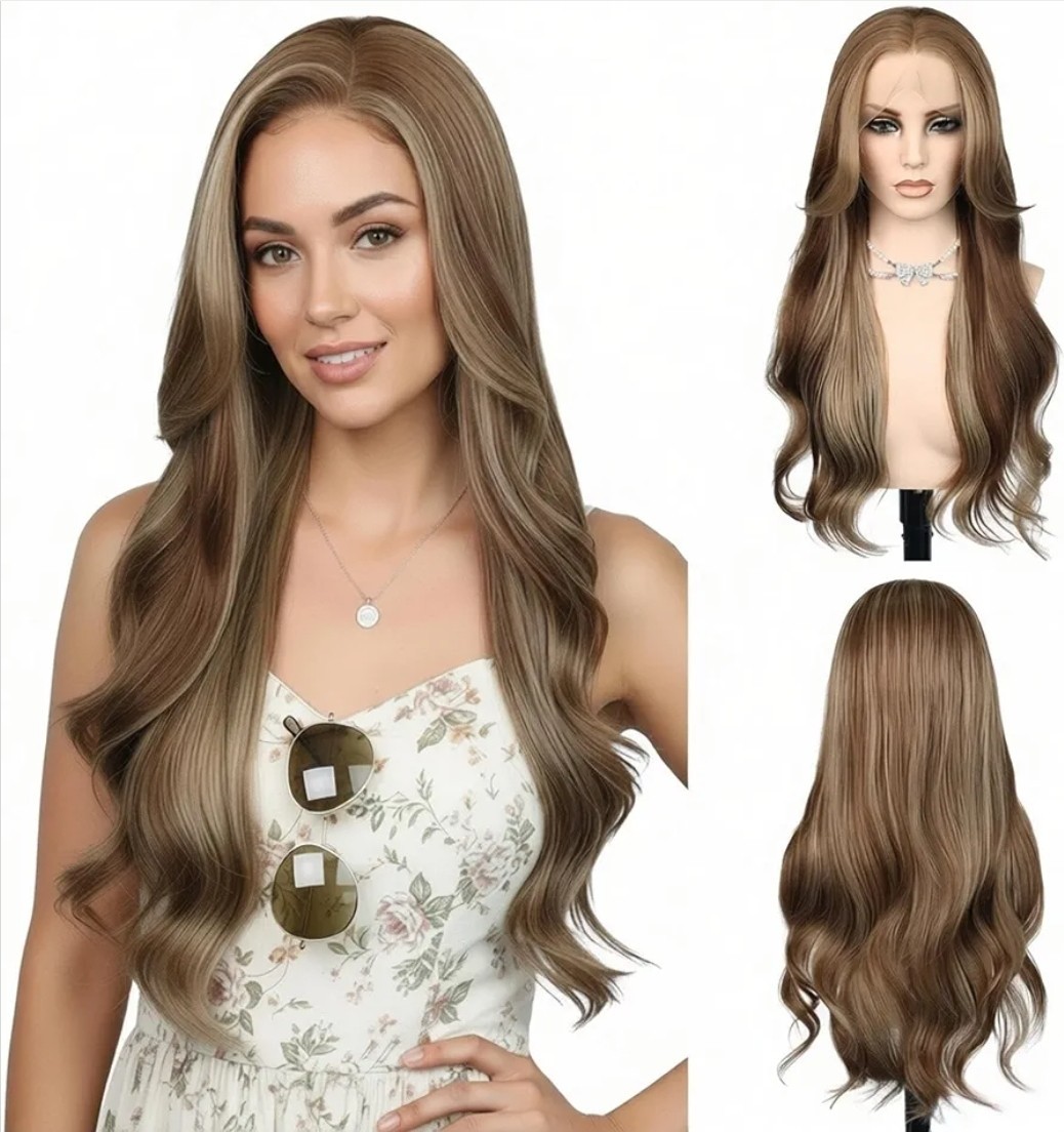HD Lace Front Wig Human Hair Blend Highlights Straight Honey BROWN Blonde