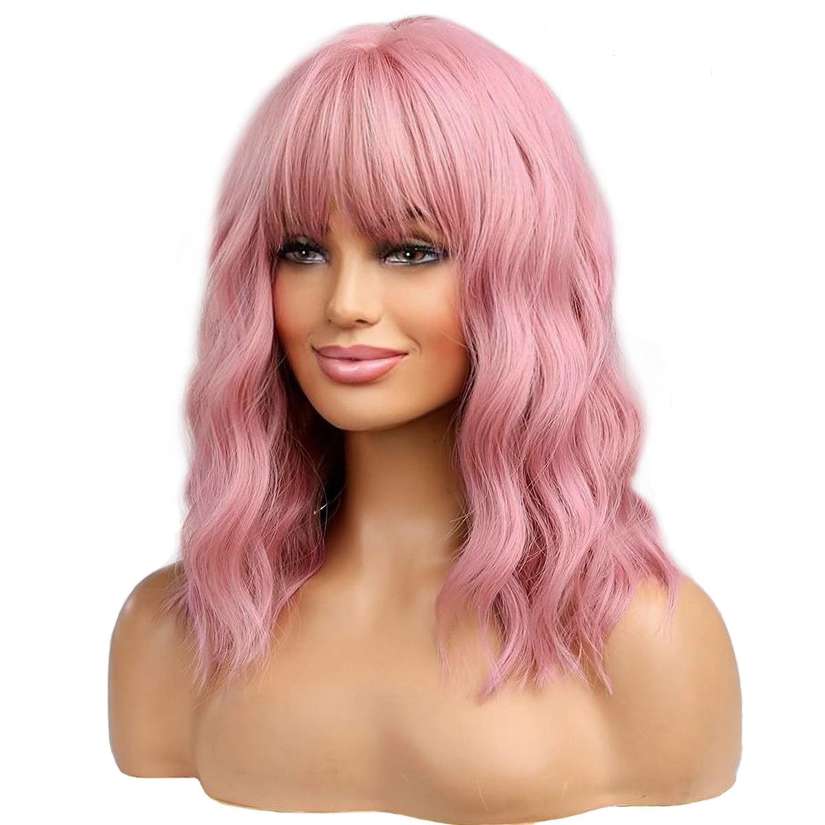 14 Inches Pink Wig for Women Girls Short Curly Synthetic Wig with Bangs Lovel…