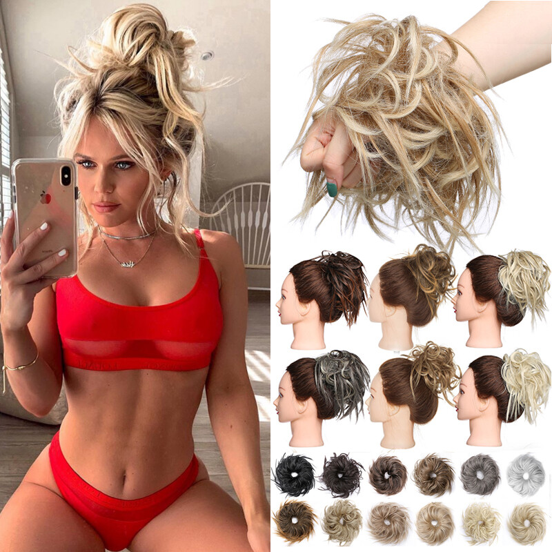 Thick X-LARGE Curly Messy Bun Hair Piece Scrunchie Cover as Human Hair Extension