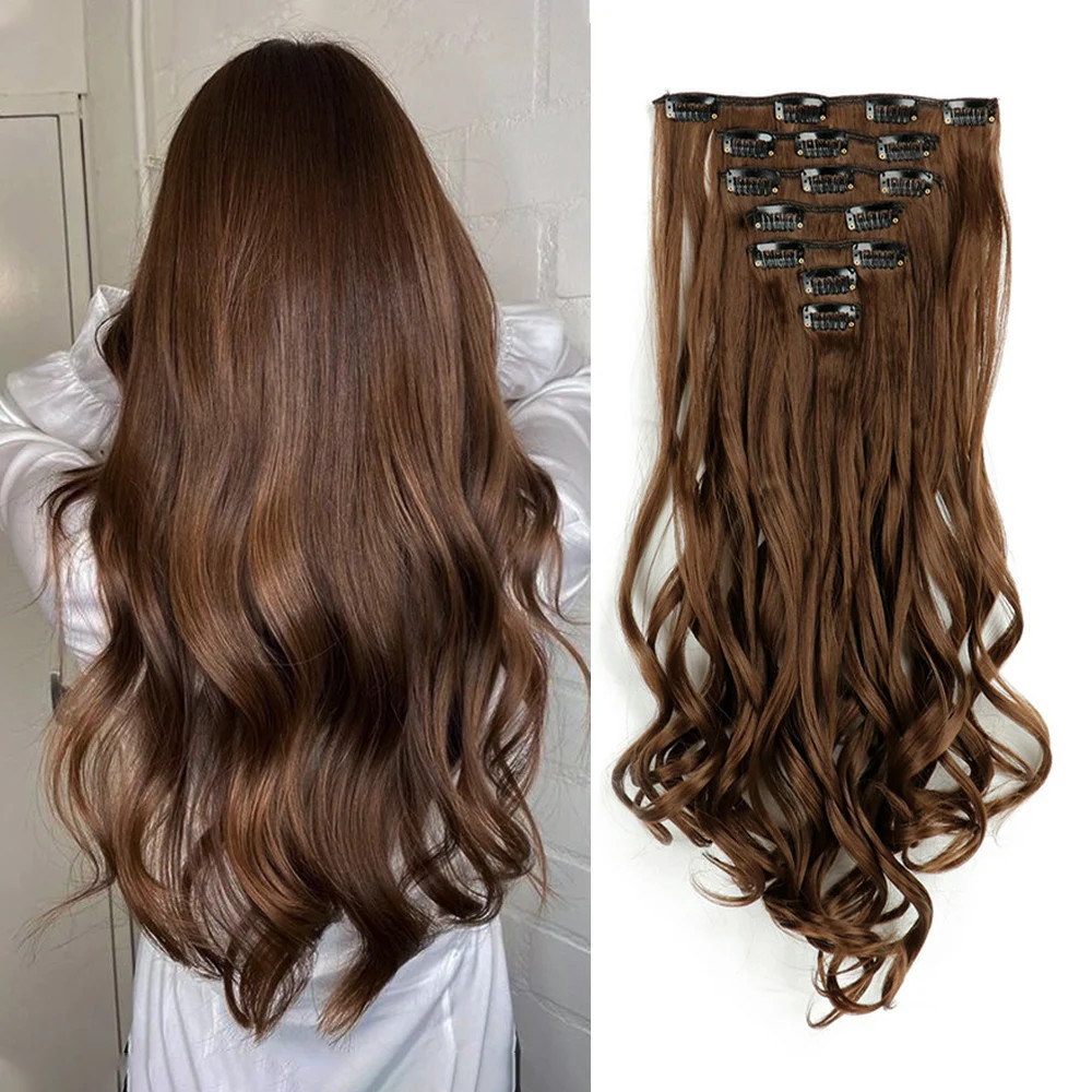 Curly Wavy Clip In Hair Extensions Full Head Synthetic Fake Hair Pieces For Girl