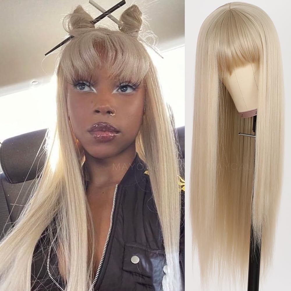 22-Inch Ash Blonde Wig with Bangs – Heat Resistant Synthetic & Glueless Design