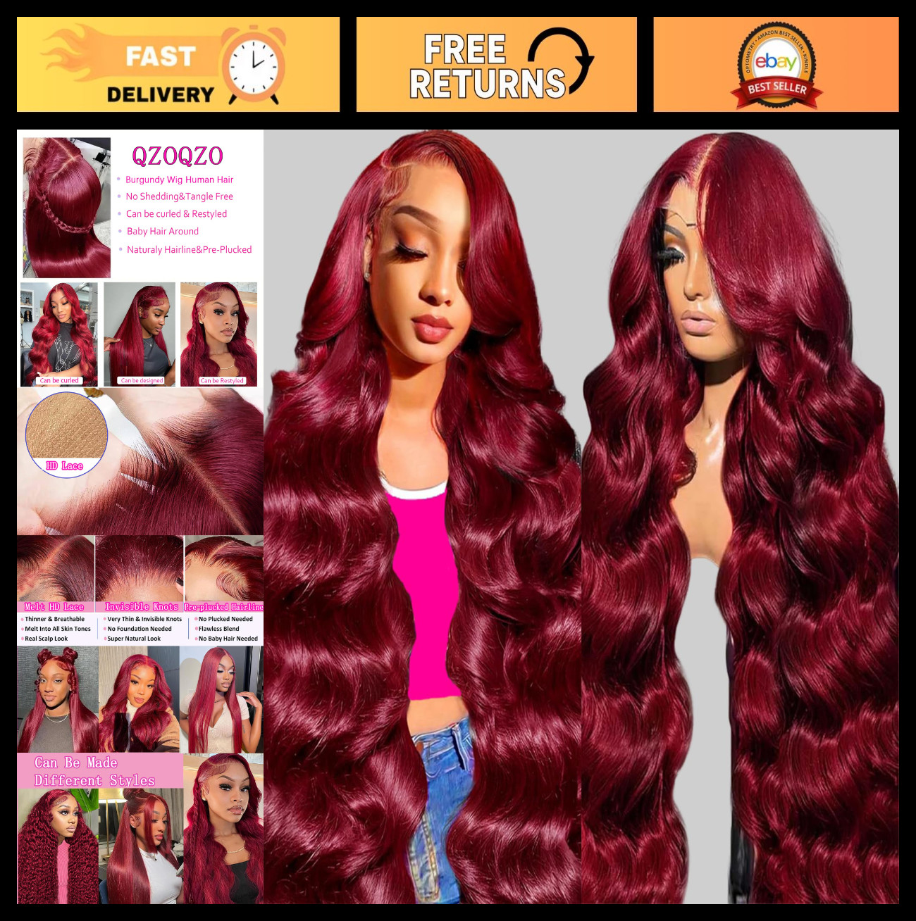 99J Burgundy Lace Front Wig 30″ Body Wave Human Hair 180% Density Pre Plucked HD