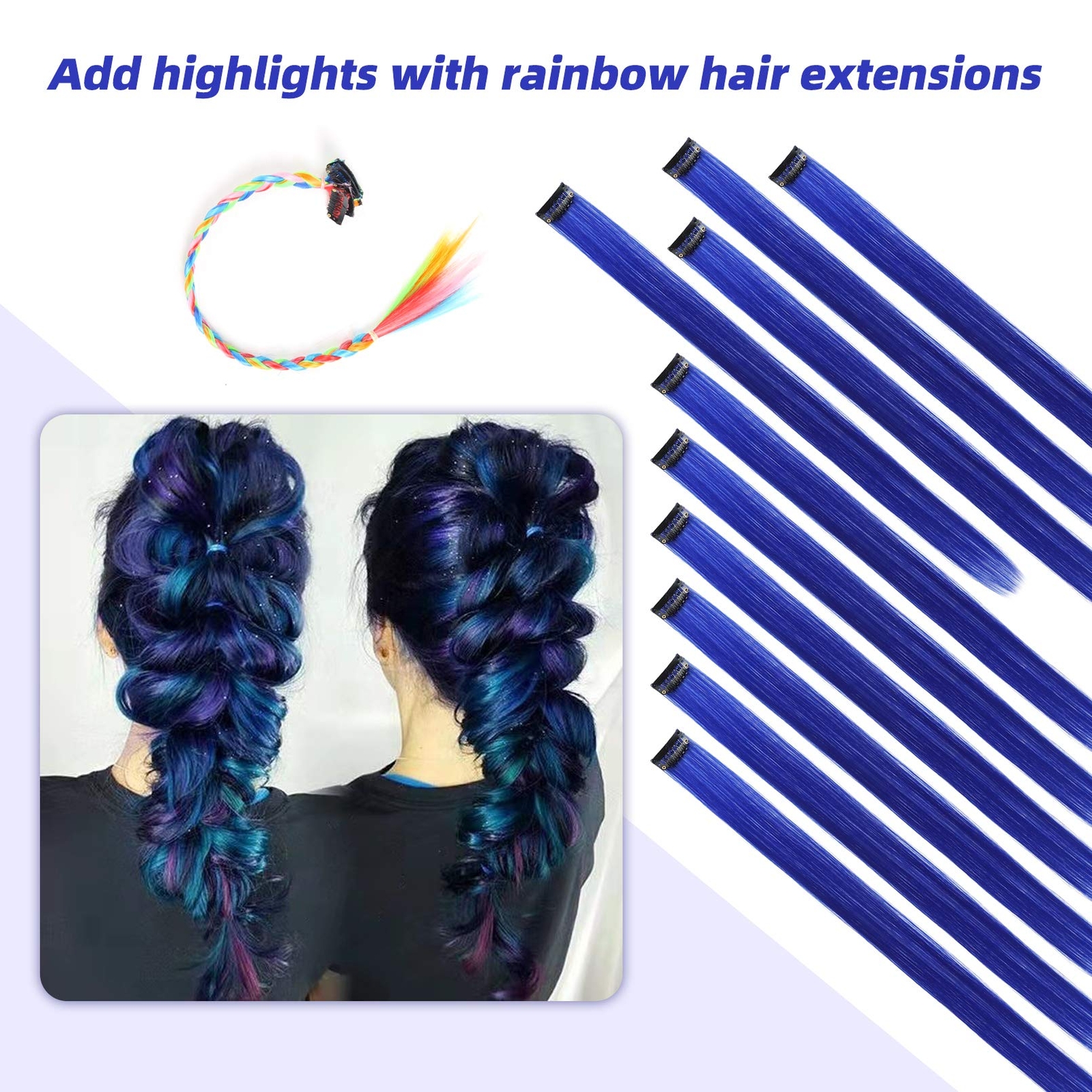 10pc 22″ Blue Clip-In Hair Extensions – Fun Highlights for All Ages