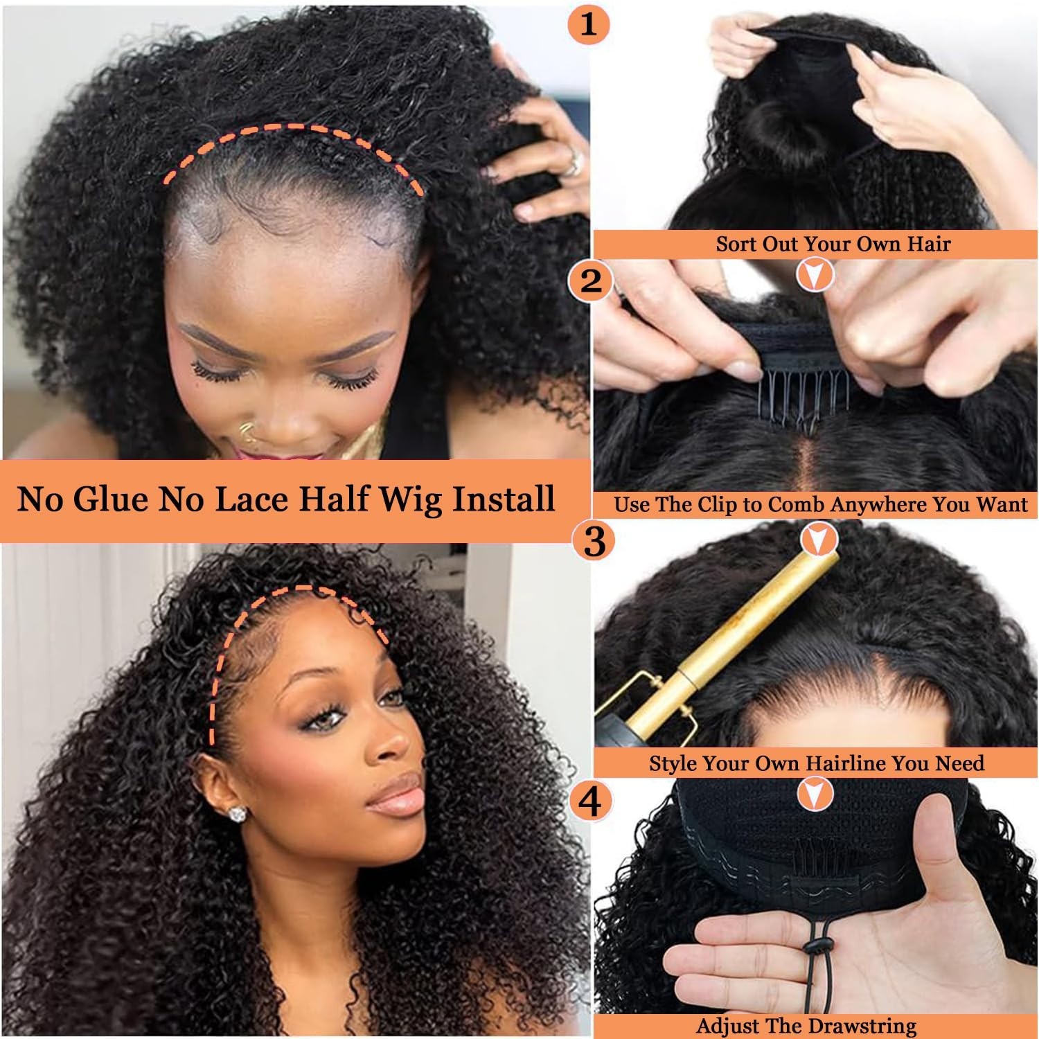 Kinky Curly Half Wig 22″ Human Hair, Glueless Flip Over, 200% Density, Beginner