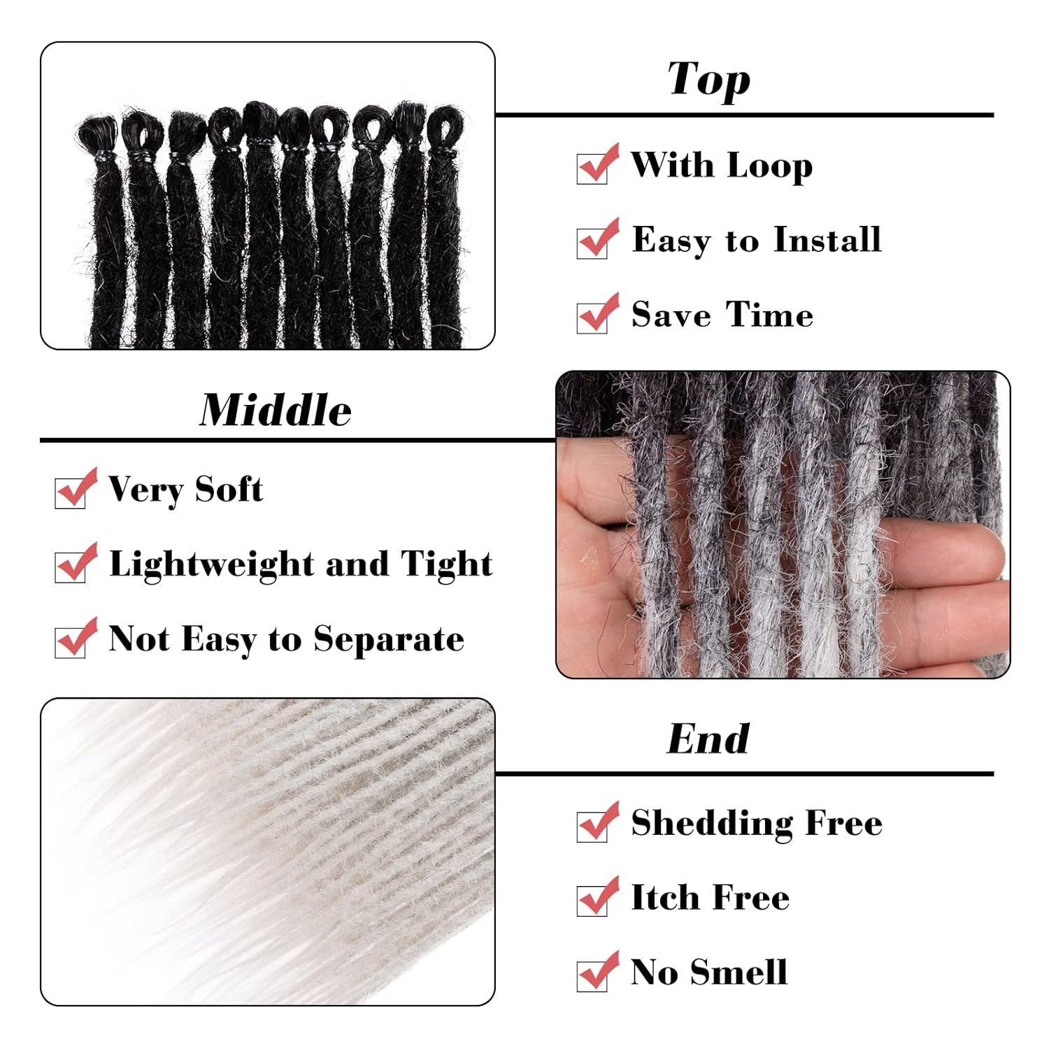40 Strands Dreadlock Extensions 24 Inch Black to Grey Single Ended 0.6 cm Wid…