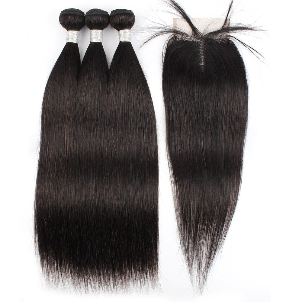 Human Hair 3 Bundles With 4*1 Lace Closure Natural Color Straight Hair Extension