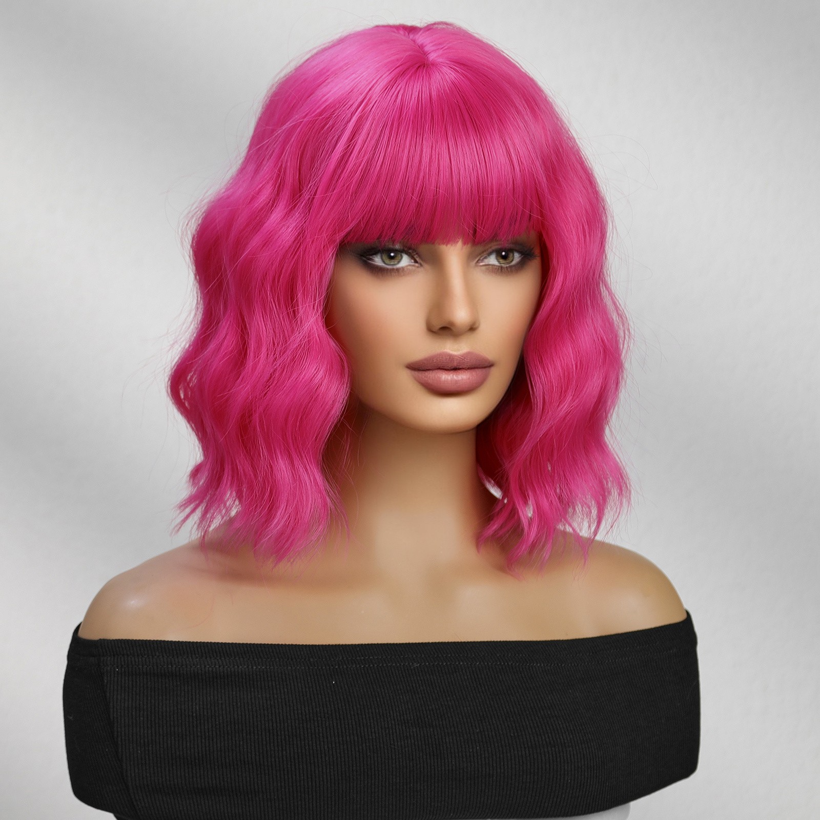 12in Pink Short Wavy Wig with Bangs Women Curly Synthetic Hair Wig Fashion Daily