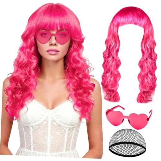Neon Wigs for Women with Heart Sunglasses, Colorful Long Curly Wigs Hot Pink