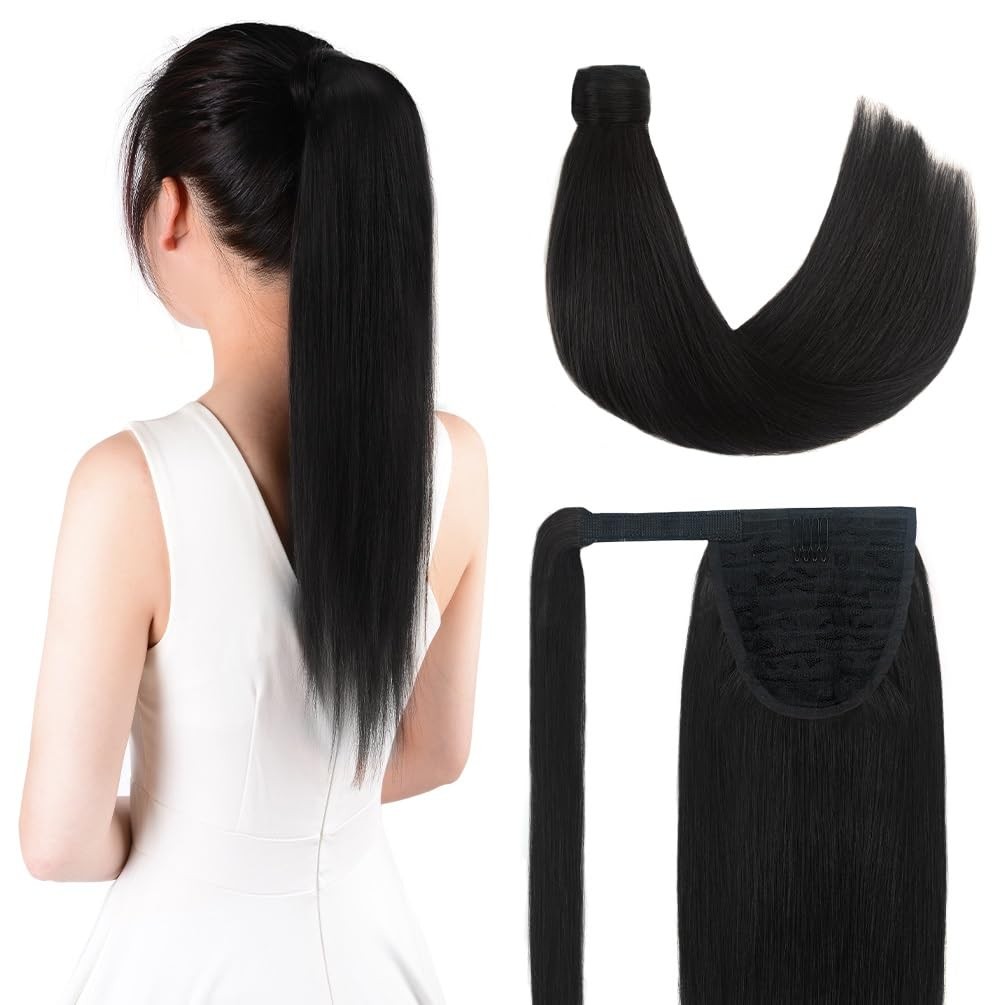 Winsky 14 Inch Human Hair Ponytail 80G Long Wrap Around Ponytail Natural Black