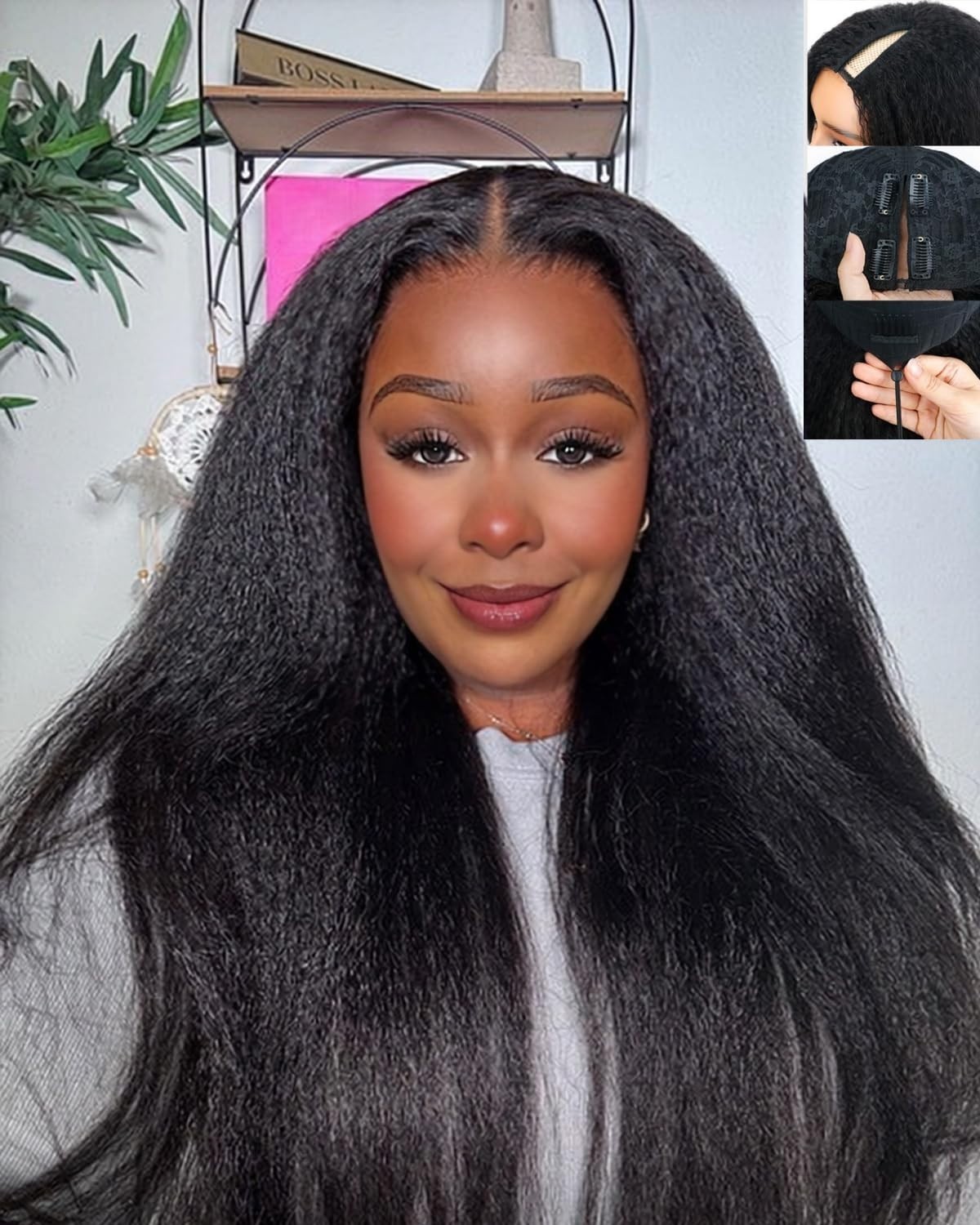 22″ V Part Kinky Straight Human Hair Wig – 200% Density, Glueless, Clip-In, Natu