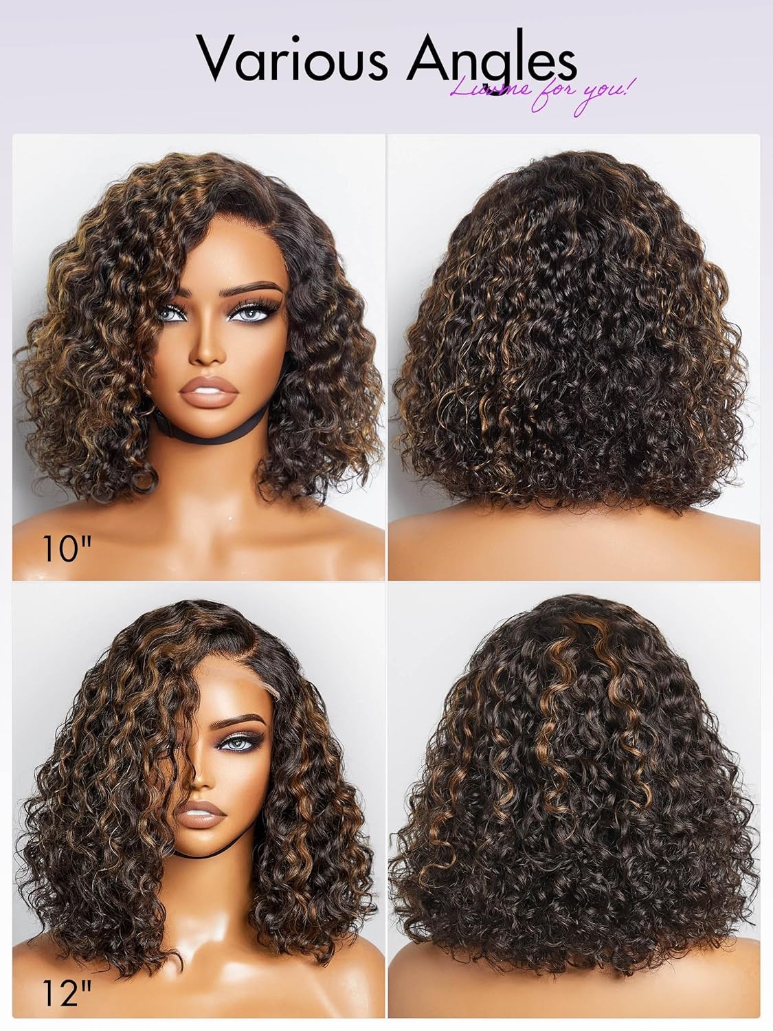 Short Bob Lace Curly Bob Wig Human Hair Short Black Wig with Blonde Highlights