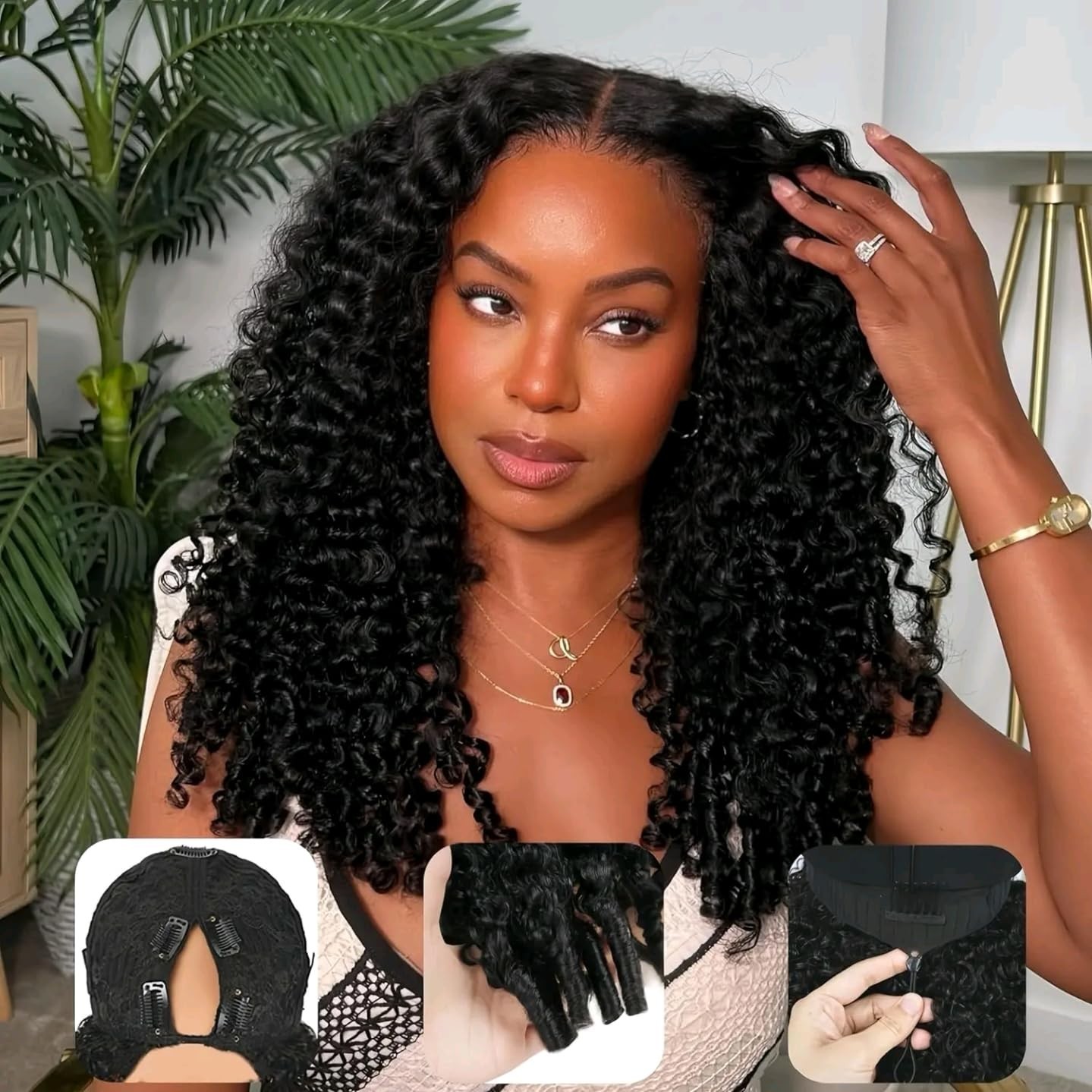 18″ Curly V Part Wig Human Hair, 200% Density, Glueless Clip-In, Natural Color
