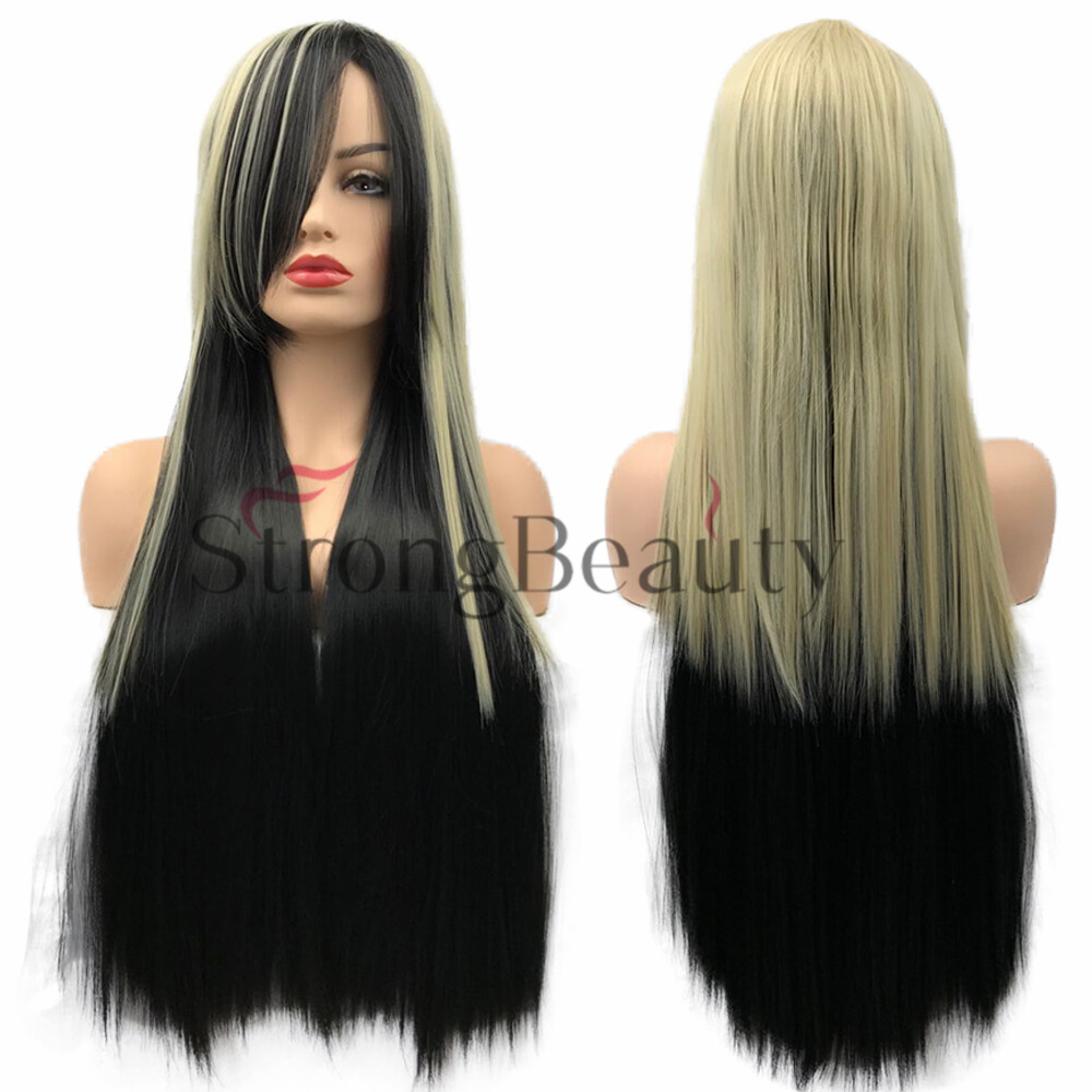 Ombre Black Brown Blonde Gradient Wig Long Straight Wavy Head Ladies Hair