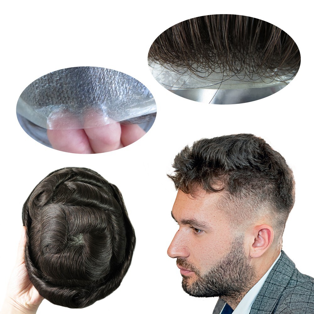 Toupee for Men Human Hair Replacement System 0.05mm Thin Skin BIO Hairpieces #3